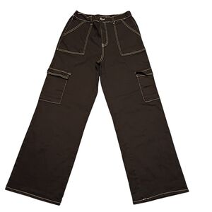 90s Y2K Women's Black Cargo Wide Leg Pants Large Cotton Stretchy White Stitch